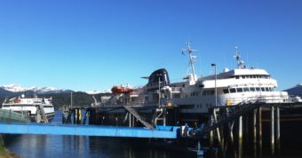 The ferries Matanuska, right, and Fairweather, left, dock at Juneau's Auke Bay terminal May 20, 2016. (Photo by Ed Schoenfeld, CoastAlaska News)