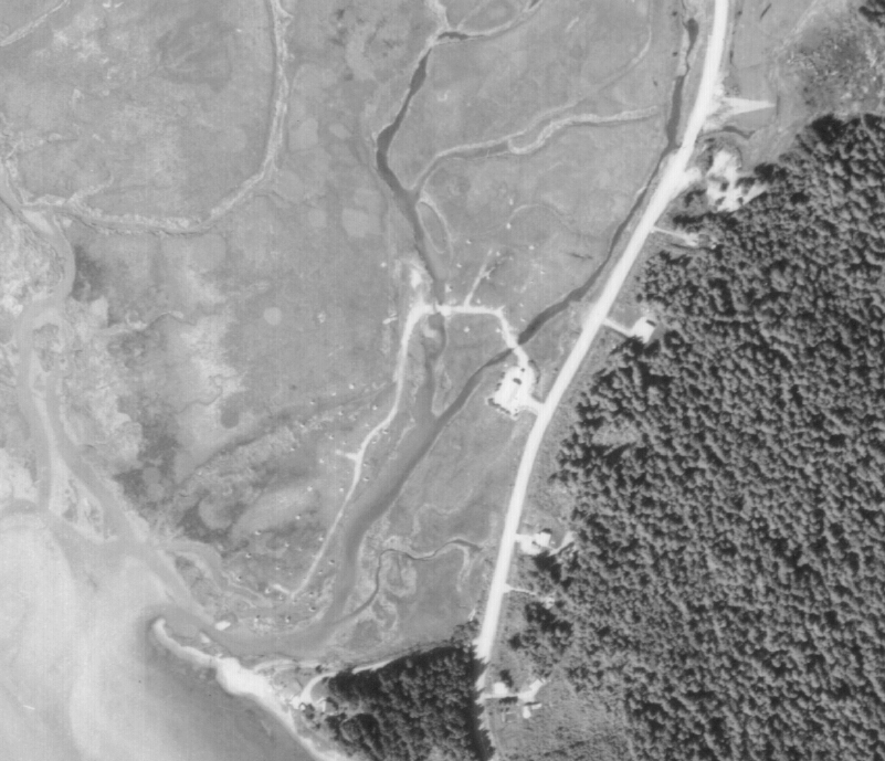An 1962 aerial image shows a distinct footprint of the concrete blocks. (Photo courtesy City and Borough of Juneau)