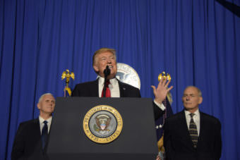 President Donald Trump delivers remarks to employees of the Department of Homeland Security in Washington, D.C. on Jan. 25, 2017. President Trump praised the new Secretary of DHS, Gen. John Kelly saying: “Secretary Kelly will deliver for the American people."