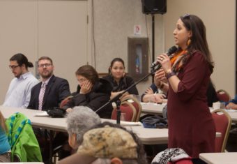 Mique'l Dangeli asks a question of the Juneau's state legislators at a Native Issues Forum in Juneau on Feb. 2, 2017.