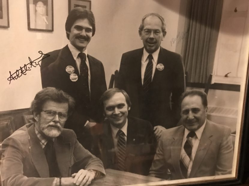 Rep. Mike Miller (counter-clockwise from bottom left) poses with Rep. Jim Duncan, Sen. Bill Ray, Gov. Bill Sheffield and an unidentified man in this photo circa 1980s.