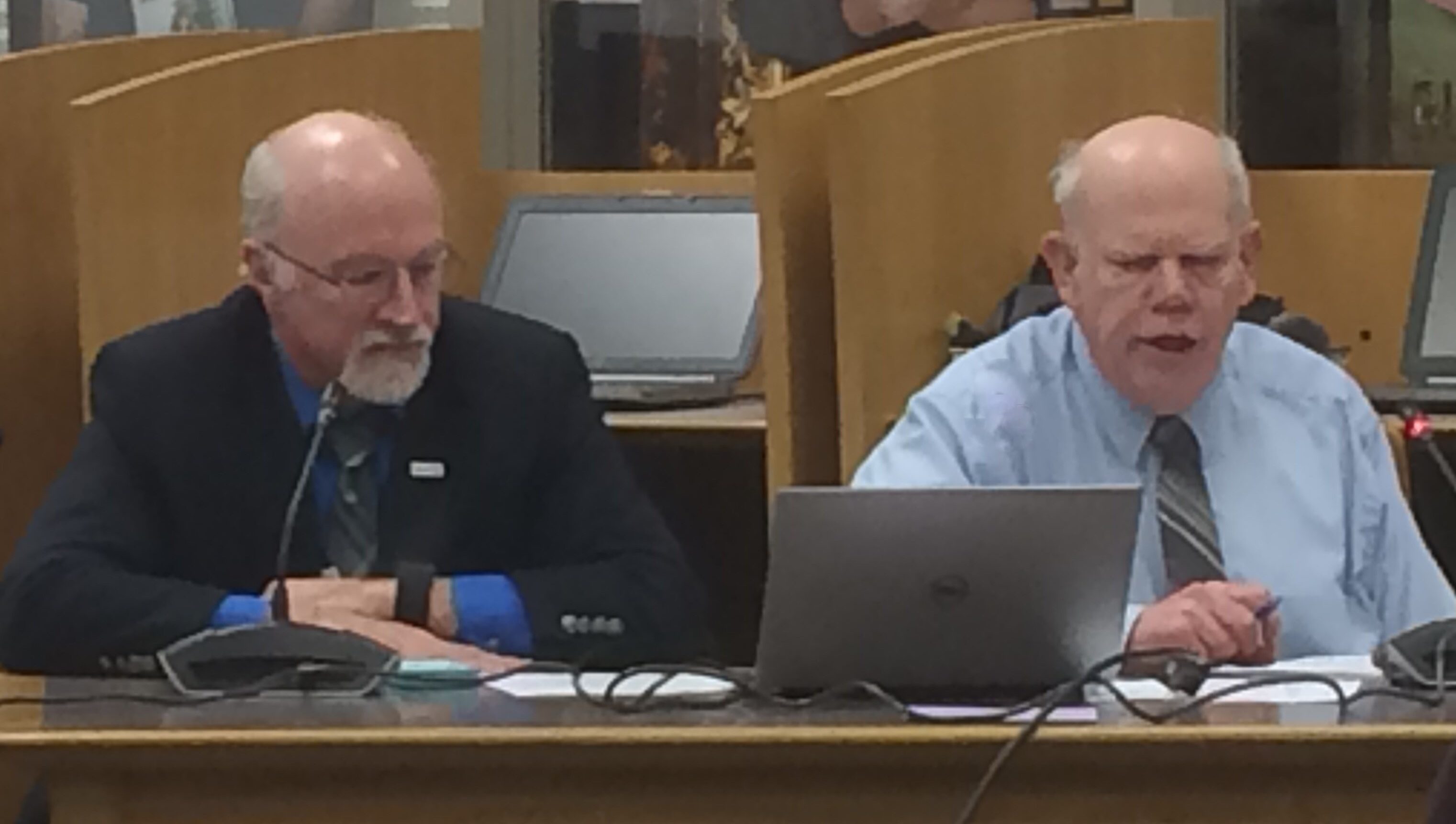 Superintendent Miller, left, and Director of Administrative Services, David Means, right, during the budget meeting on Tuesday, Feb. 7, 2016.