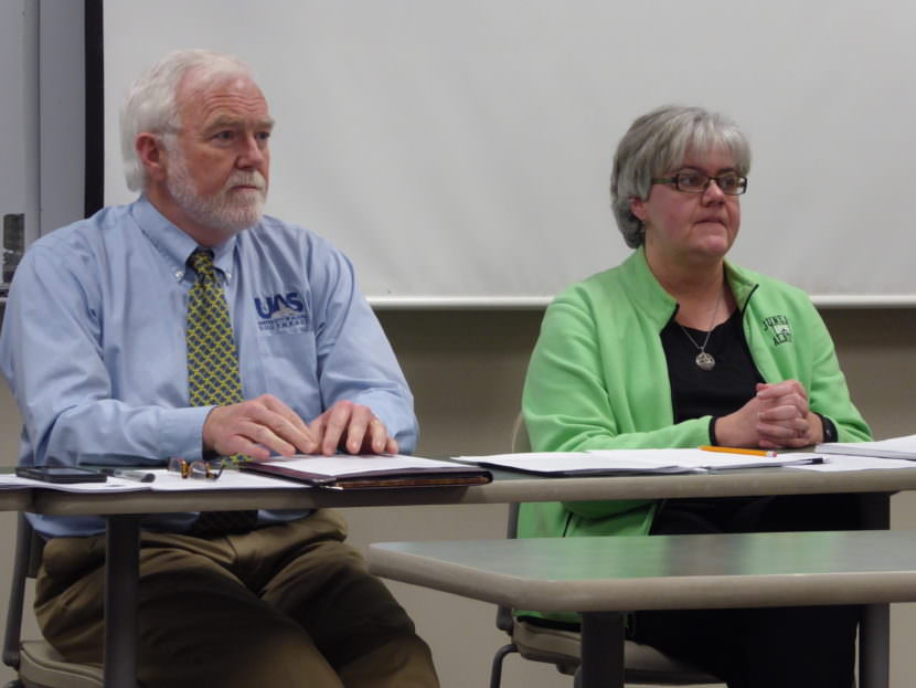 UAS Title IX Coordinator Lori Klein, right, and UAS Chancellor Rick Caulfeld, left, hosted a public forum to discuss the Office for Civil Rights investigation findings on Thursday, Feb. 23, 2016.