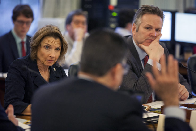 Sen. Cathy Giessel, R-Anchorage, and Sen. Mike Dunleavy, R-Wasill, listen to Alaska Gasline Development Corporation President Keith Meyer, aduring a Senate Finance meeting focusing oncorporation's budget on Tuesday, February 14, 2017, in Juneau, Alaska. (Photo by Rashah McChesney/Alaska's Energy Desk)