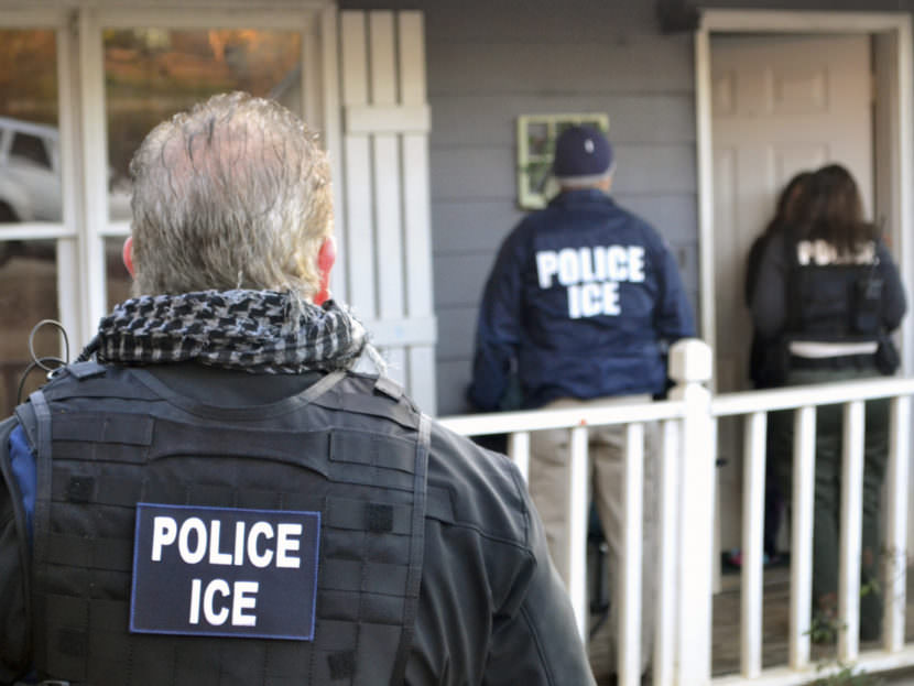 Immigration and Customs Enforcement agents in February in Los Angeles. The mayor of the city has asked ICE agents not to identify themselves as police during operations.