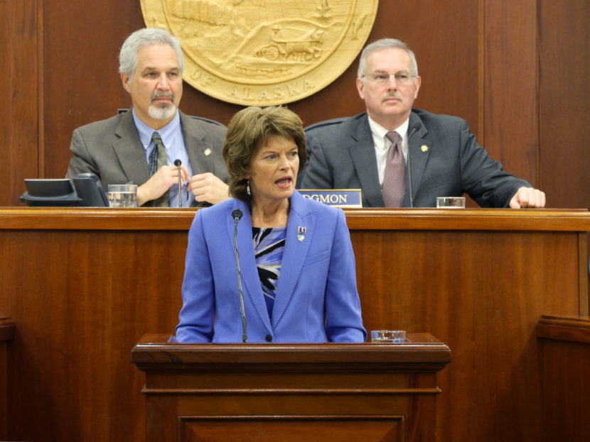 U.S. Sen. Lisa Murkowski speaks to a Joint Session of the Alaska Legislature, Feb. 22, 2017. (Photo by Skip Gray/360 North)