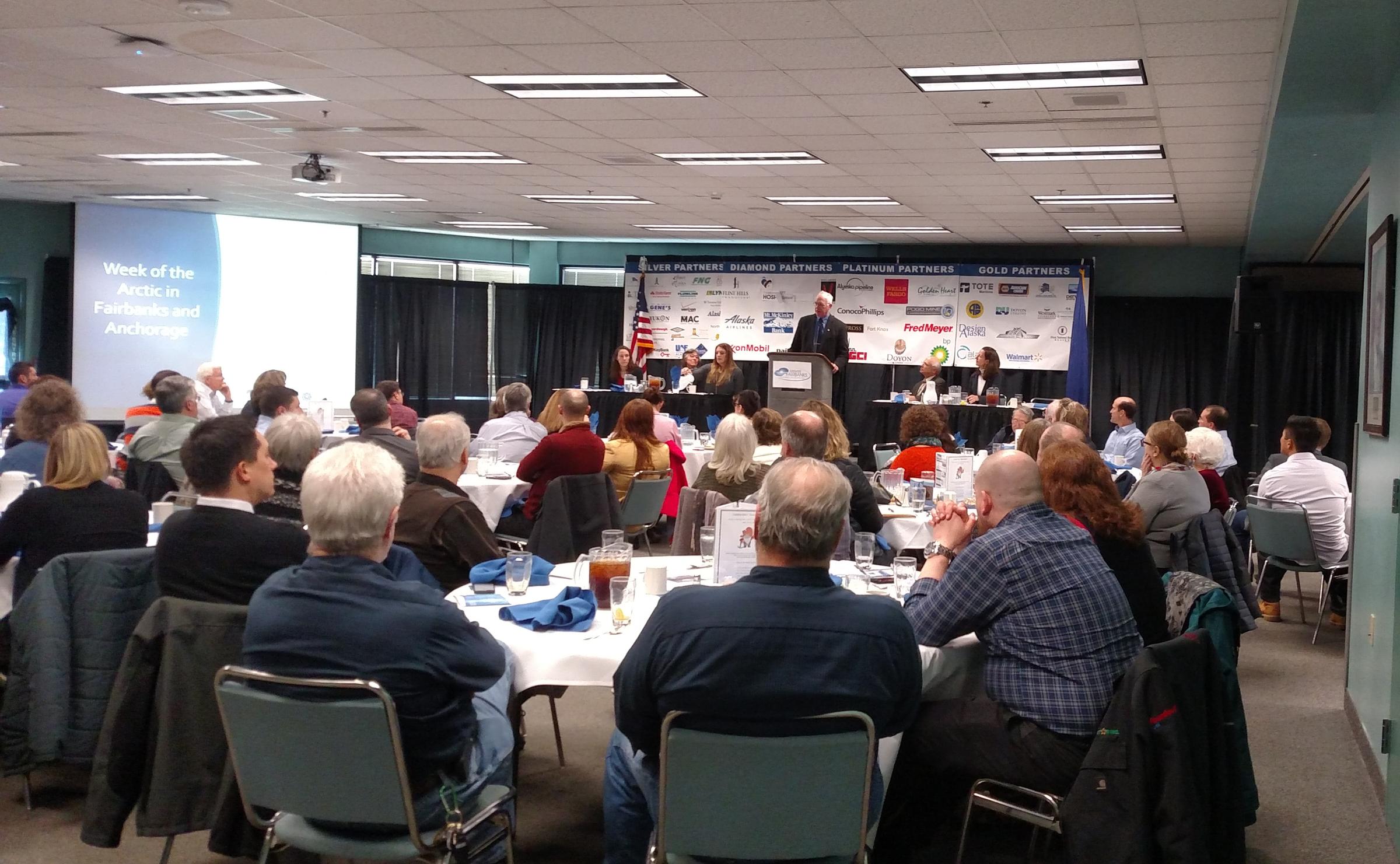 Larry Hinzman, vice chancellor of research for University of Alaska Fairbanks, talks about the Week of the Arctic at the Feb. 28 Greater Fairbanks Chamber of Commerce meeting. (Photo by Tim Ellis/KUAC)