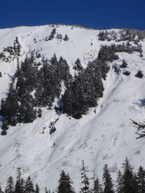 The slope known as Showboat faces the Eaglecrest Ski Area parking lot, but is well outside the ski boundaries and can be avalanche prone. This was taken after a snowboarder got caught in a avalanche he triggered, March 4, 2017. (Photo courtesy Eaglecrest Ski Area)