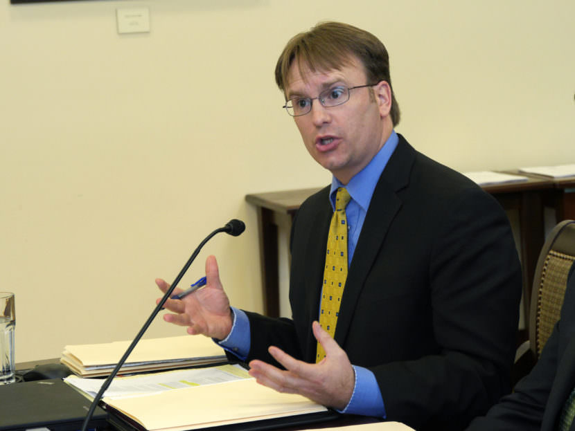 John Skidmore, director of the Criminal Division of the Alaska Department of Law, testifies on criminal justice changes in the Senate Judiciary Committee in March 2017. 