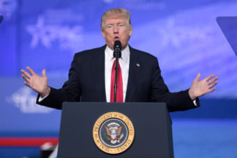 President Donald Trump speaks Feb. 24 at the 2017 Conservative Political Action Conference, or CPAC, in National Harbor, Maryland. (Photo by