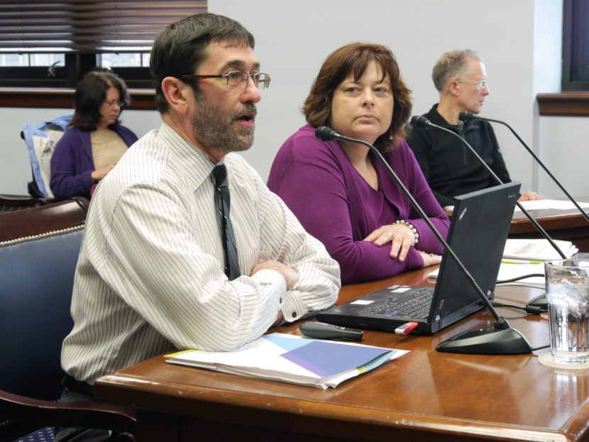 Alaska Mental Health Trust Legislative Liaison Jeff Jessee and McDowell Group Vice President of Anchorage Operations Donna Logan address the Senate Health and Social Services Committee on March 29, 2017 about the economic costs of alcohol abuse in Alaska. (Photo by Skip Gray/360 North)