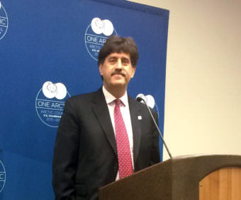 U.S. Ambassador David Balton, chair of the Arctic Council's Senior Arctic Officials, speaks to reporters during a March 2017 meeting in Juneau.