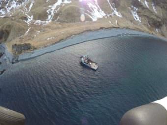 The F/V St. Dominick ran aground Monday morning off Unalaska Island. No signs of pollution have been reported. (Photo courtesy U.S. Coast Guard District 17)
