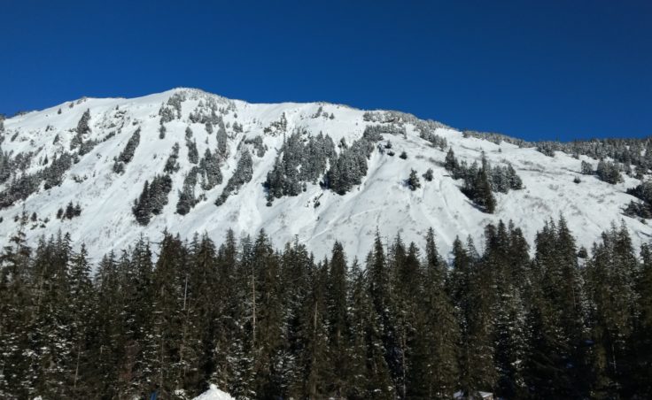 An avalanche down this ridge outside the Eaglecrest Ski Area boundary facing the parking lot caught one skier on Saturday, March 4, 2017. The skier was injured. (Photo courtesy Mikko Wilson)