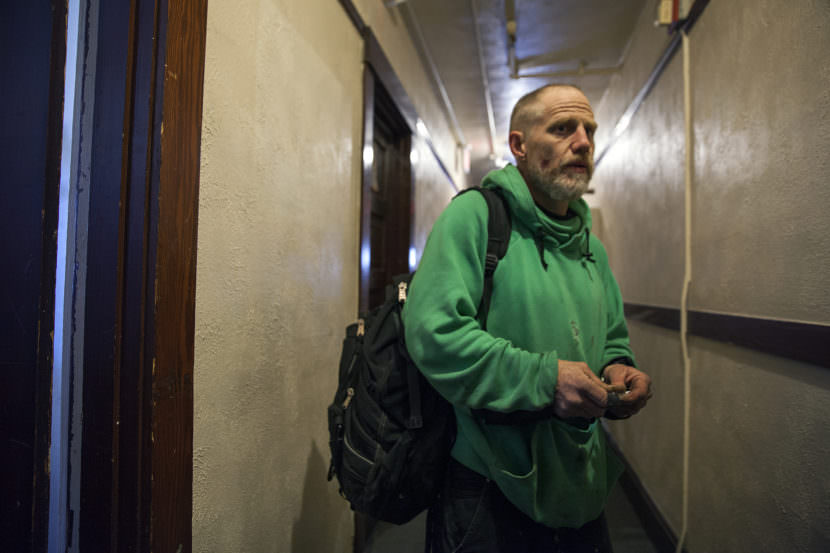 Dave Lane talks about trading work for a place to live at the Bergmann Hotel on Friday, March 10, 2017 in Juneau, Alaska. (Photo by Rashah McChesney/Alaska's Energy Desk)