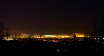 Smoke and fog hang in the air over Fairbanks on a -30 degree winter night in November 2011.