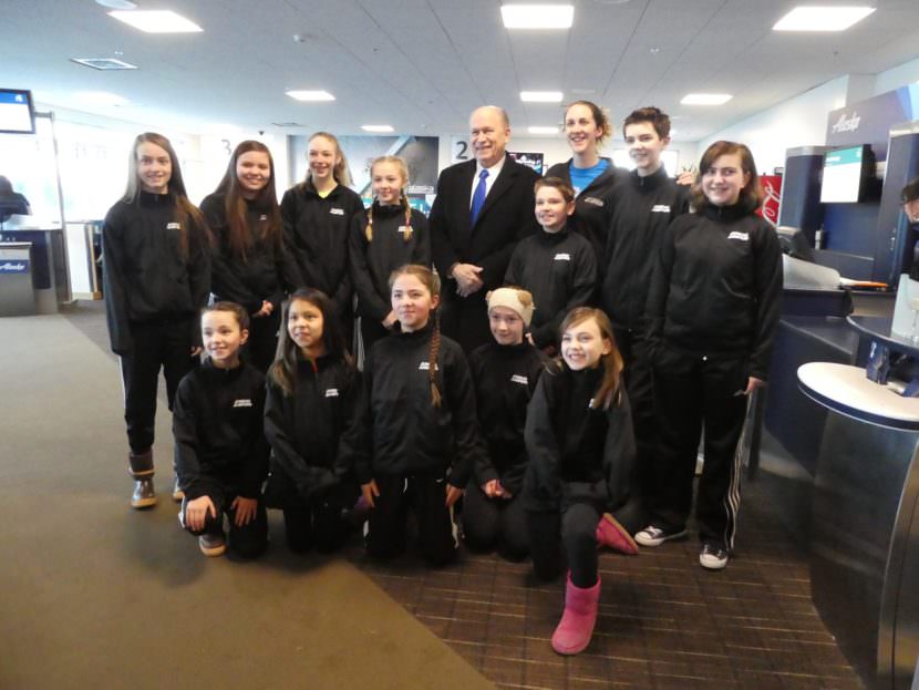 The Juneau Jumpers run into Gov. Bill Walker at Juneau International Airport on Friday, March 10, 2017. The jump ropers, who range from second to tenth grade, were headed to a competition in Fairbanks. The middle schoolers weren't affected by the travel ban, because it wasn't for a school-sponsored sport.