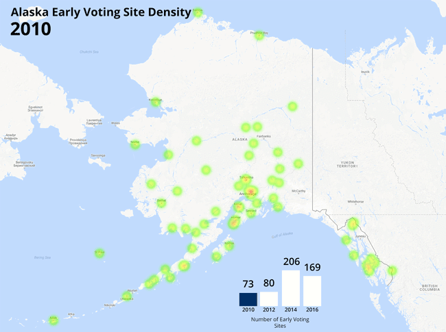 This animated heat map shows sites where voters could vote early in recent general elections. It's based on data from the Alaska Division of Elections. (By Ashwin Kiran)