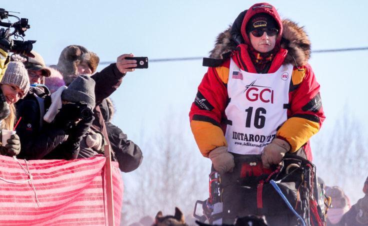 Two-time champion Mitch Seavey begins his Iditarod run at the Fairbanks re-start on Monday. (Photo by Ben Matheson/KNOM)