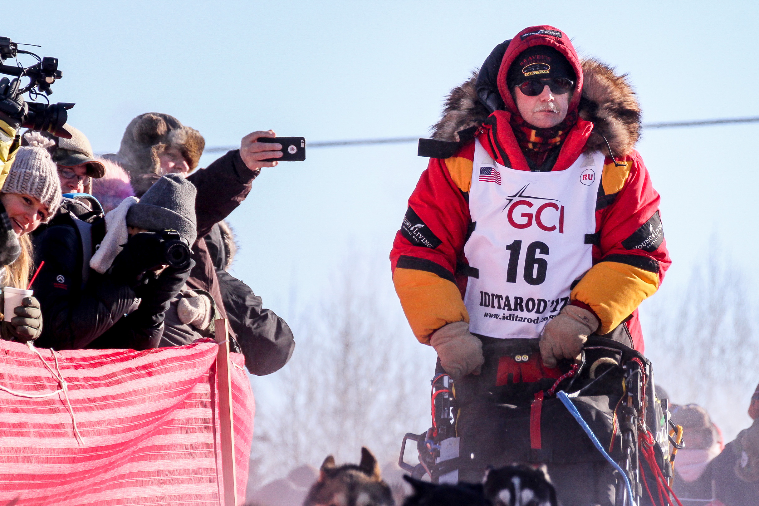 Two-time champion Mitch Seavey begins his Iditarod run at the Fairbanks re-start on Monday. (Photo by Ben Matheson/KNOM)