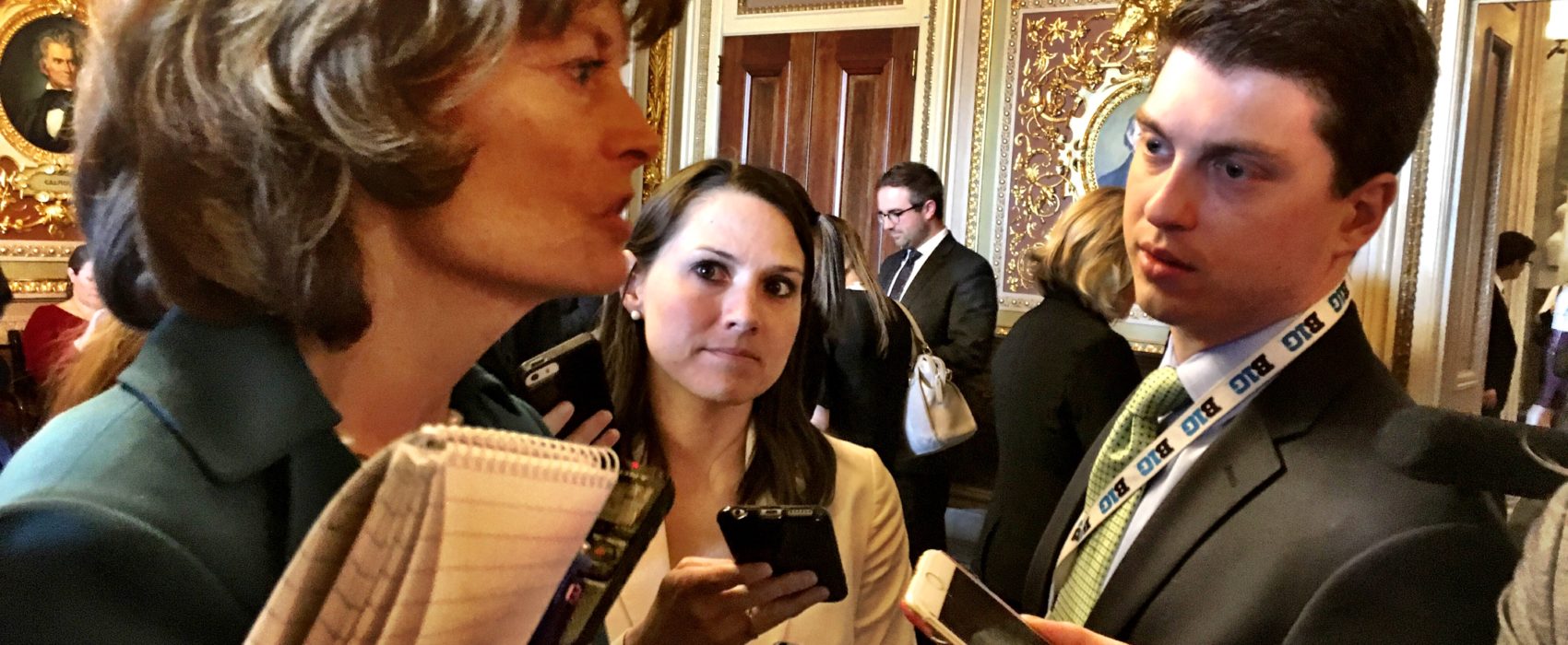 U.S. Sen. Lisa Murkowski, R-Alaska, speaks to reporters in one of the Senate’s more ornate rooms. (Photo by Liz Ruskin/Alaska Public Media)