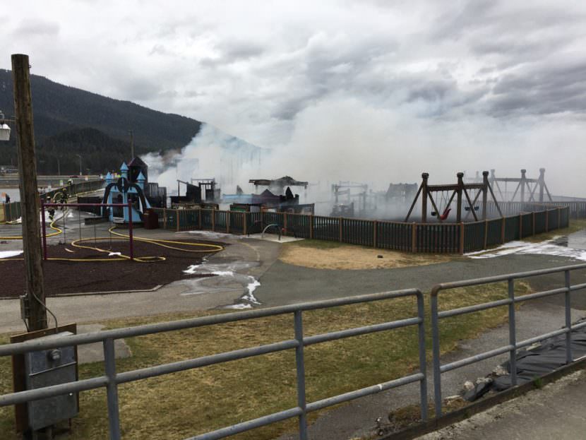 A fire at Twin Lakes playground is out Monday, April 24, 2017, and firefighters look over the area for hot spots. (Photo courtesy Ed Quinto/Capital City Fire/Rescue)