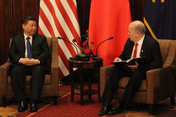 Chinese president Xi Jinping met with Alaska Gov. Bill Walker during a short visit to Anchorage on April 7, 2017. Xi stopped in Alaska on his way home from a summit with President Donald Trump in Florida.
