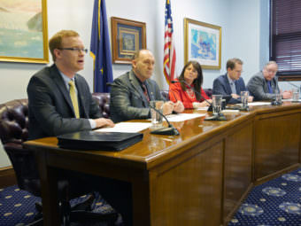 Rep. David Eastman, R-Wasilla, (left) speaks during a House Minority press availability, April 6, 2017. (Photo by Skip Gray/360 North)