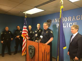 Anchorage Police Chief Chris Tolley announces his departure at a news conference ahead of the news that Capt.Justin Doll will take over as chief in a few months. (Photo by Zachariah Hughes/Alaska Public Media)