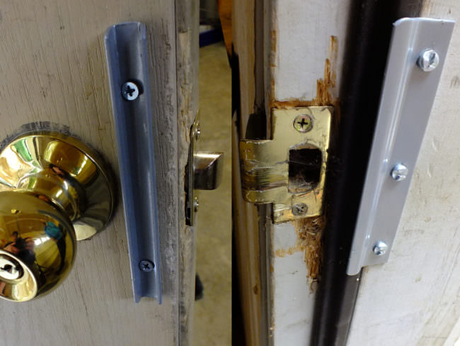 Composite picture of how plates installed on a door (left) and a door jamb (right) can prevent someone from using a credit card or driver's license to open a locked door.