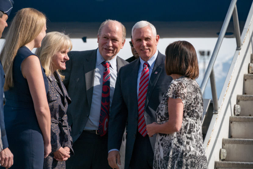 Vice President Mike Pence met with Alaska Gov. Bill Walker on Saturday, April 15, 2017, in Anchorage during a refueling stop.