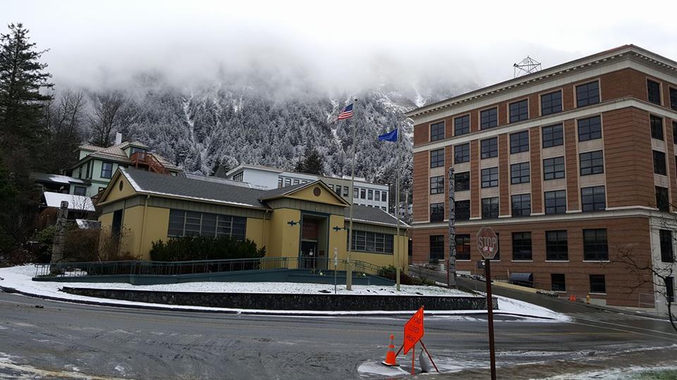 Fresh snow covers the ground surrounding the Juneau Douglas City Museum in Juneau on November 25, 2016, Alaska. (Photo courtesy Tripp J Crouse)
