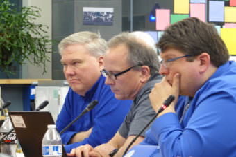 Emil Mackey, left, Sean O'Brien, middle, and Dan DeBartolo, right, all voted in favor of lifting the ban on middle school sports travel at the school board meeting in the Thunder Mountain High School library on Tuesday.