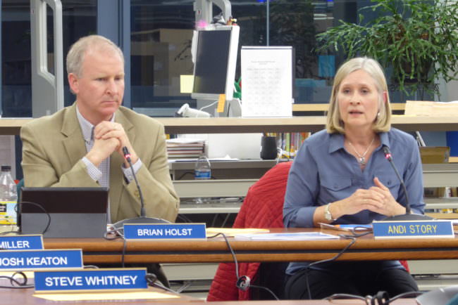 Andi Story (right) was the only school board member to vote against lifting the middle school sports travel ban on Tuesday.