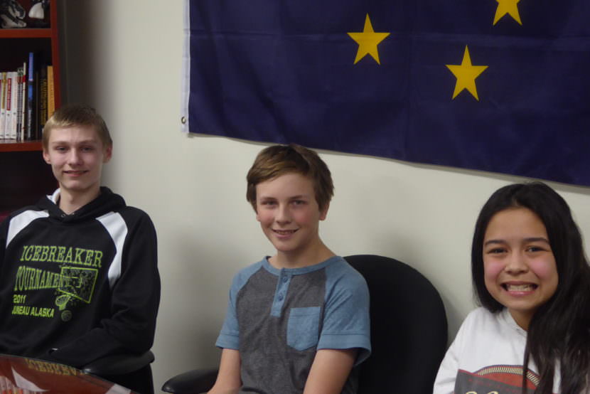 Floyd Dryden Middle School seventh-graders Jake Sleppy, left, Cael Brown, middle, Blake Plummer, right, in the Floyd Dryden principal's office on Tuesday, April 18, 2017.
