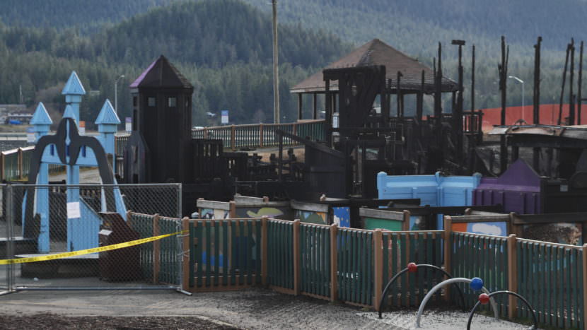 The remains of the Twin Lakes playground on April 25, 2017, the day after a fire burned it down. (Photo by Kelli Burkinshaw/KTOO)