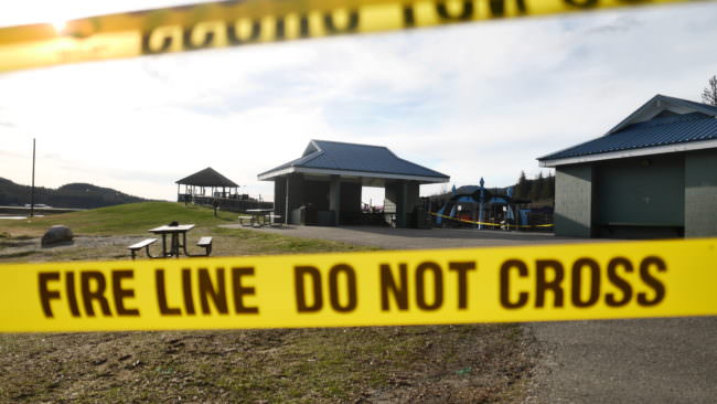 The day after fire on 4/24/17 at Twin Lakes Twin Lakes Playground fire scene the day after the fire on April 24th, 2017. (Photo by Kelli Burkinshaw/KTOO)