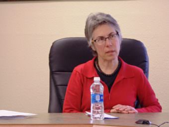Debra Schnabel interviews with the Haines Borough Assembly in April 2017. (Photo by Emily Files/KHNS)