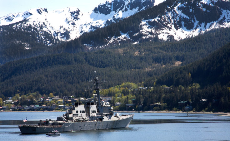 The U.S. Navy destroyer USS O'Kane and its 281-member crew sits in the Gastineau Channel near downtown Juneau on Monday, May 15, 2017. The O'Kane is on a five-day stay in Alaska's capital city, moored offshore. The ship is 505-feet wide ship was commissioned on Oct. 23, 1999. (Photo by Tripp J Crouse/KTOO)