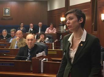 Rep. Ivy Spohnholz, D-Anchorage, speaks in support of House Bill 159, which is intended to reduce opioid overdose deaths. (Photo by Andrew Kitchenman/KTOO and Alaska Public Media)
