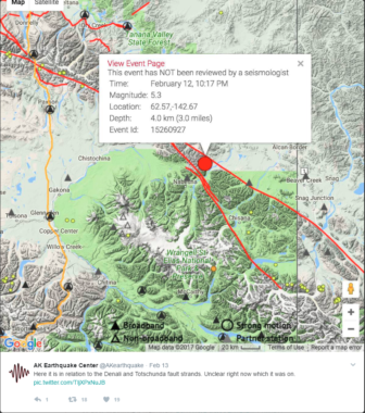 Screenshot of an Alaska Earthquake Center tweet that shows Denali and Totschunda fault strands surrounding the epicenter of an earthquake on February 13, 2017.