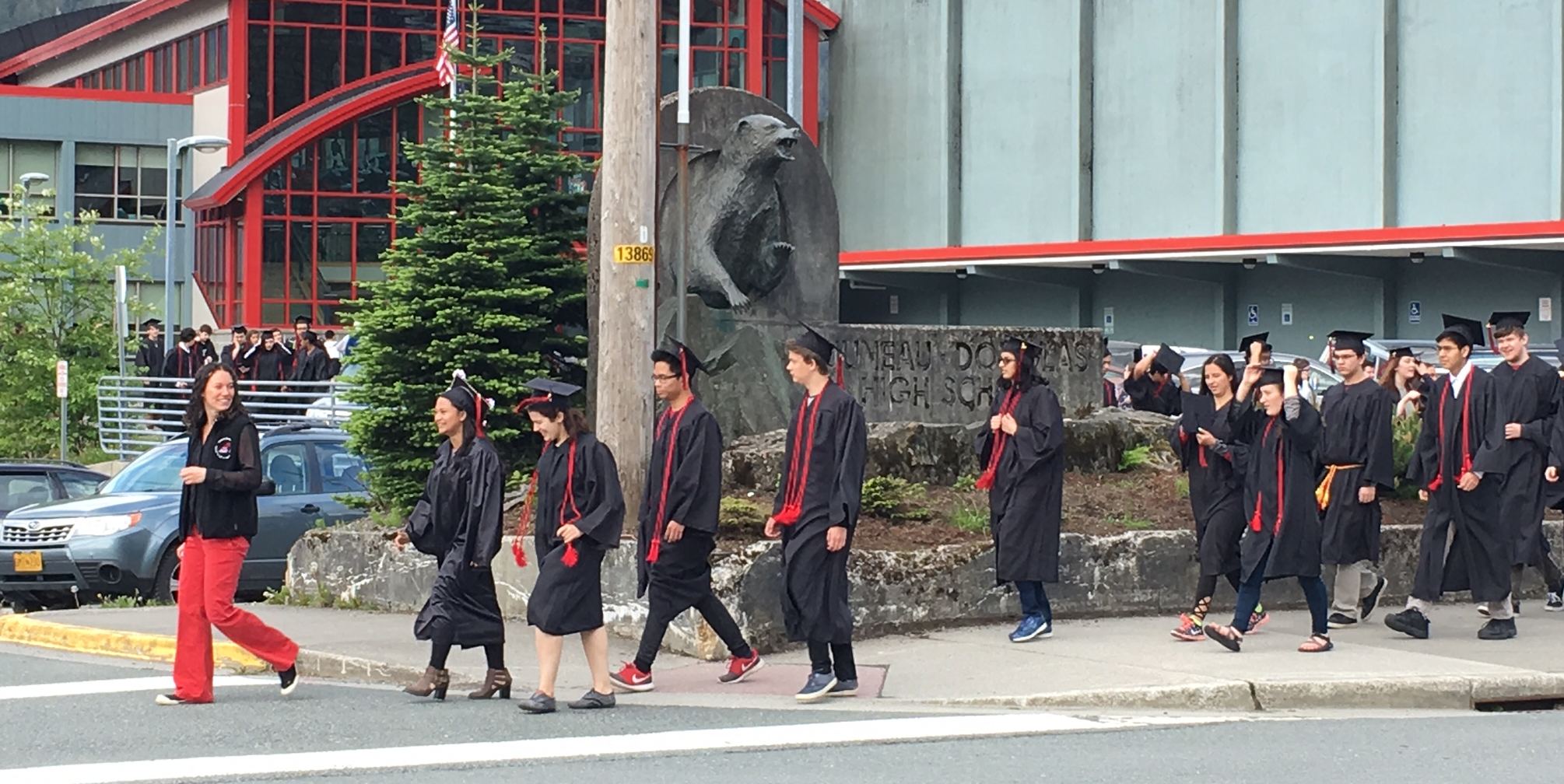 Juneau-Douglas seniors walk to Harborview Elementary School on Friday, May 26, 2017.