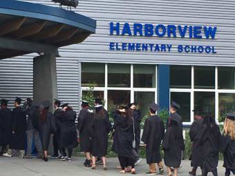 Juneau-Douglas seniors walk to Harborview Elementary School on Friday. (Photo courtesy Juneau School District)