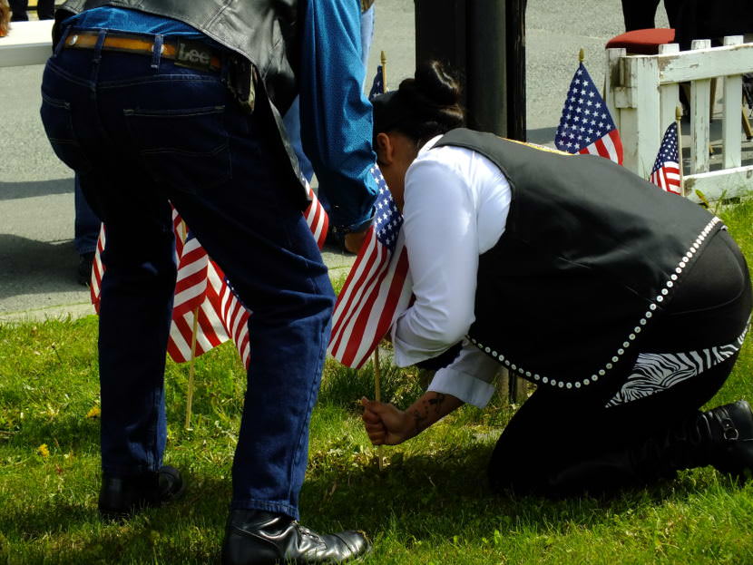 Fifteen flags are planted for each of the Southeast Alaska service members who died in combat during a Memorial Day 2017 observance at Southeast Alaska Native Veterans Memorial Park.