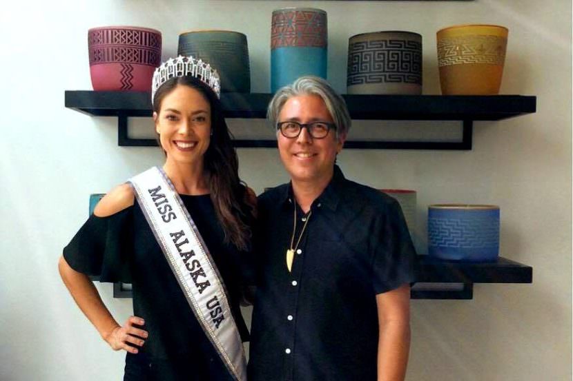 Miss Alaska USA Alyssa London with Tlingit artist Preston Singletary, who designed killer whale formline art for her pageant evening gown.