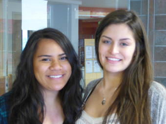 Rena Nauer, left, and Sierra Ezree in the Juneau-Douglas High School Commons on Friday.