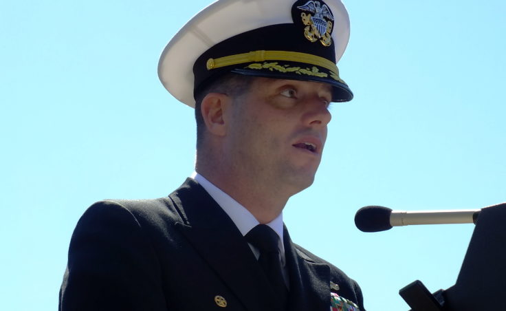 Cmdr. Colby Sherwood, commanding officer of the USS O’Kane, speaks during a memorial service for USS Juneau on the downtown waterfront on Tuesday, May 16, 2017.
