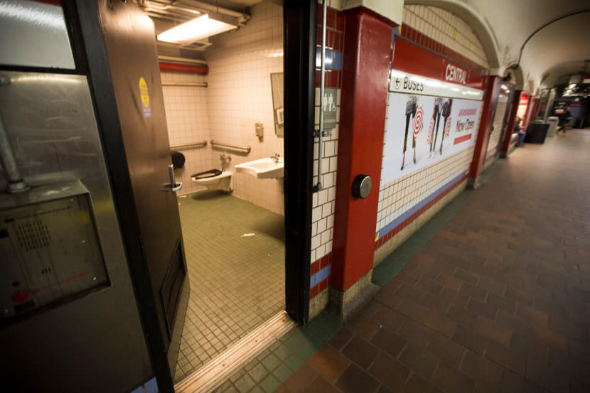 A public restroom on the platform of the Central Square MBTA station in Cambridge, Massachusetts., which people have used as a place for getting high.