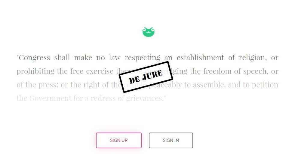 The Gab.ai home page cites the First Amendment of the U.S. Constitution.