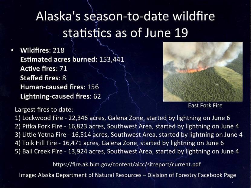 Lightning-sparked wildfires in the Central Interior and southwestern Alaska account for nearly all the acreage burned in the state so far this year.